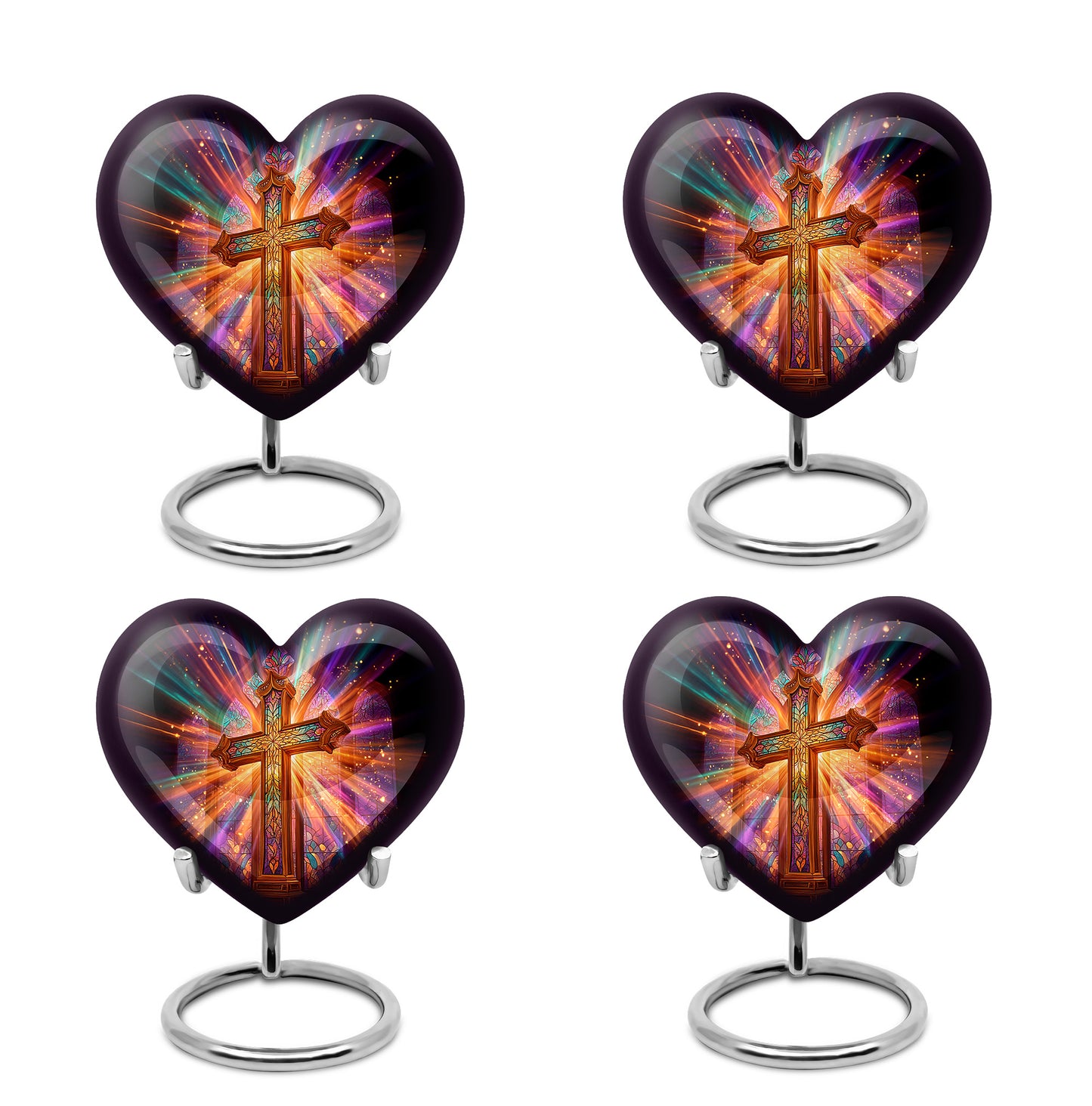 Dark Black Cross Cremation Urn angled view of lid and engraved motif - romantic heart urn with cross motif on aluminum - 10 inch aluminum urn for cremated remains