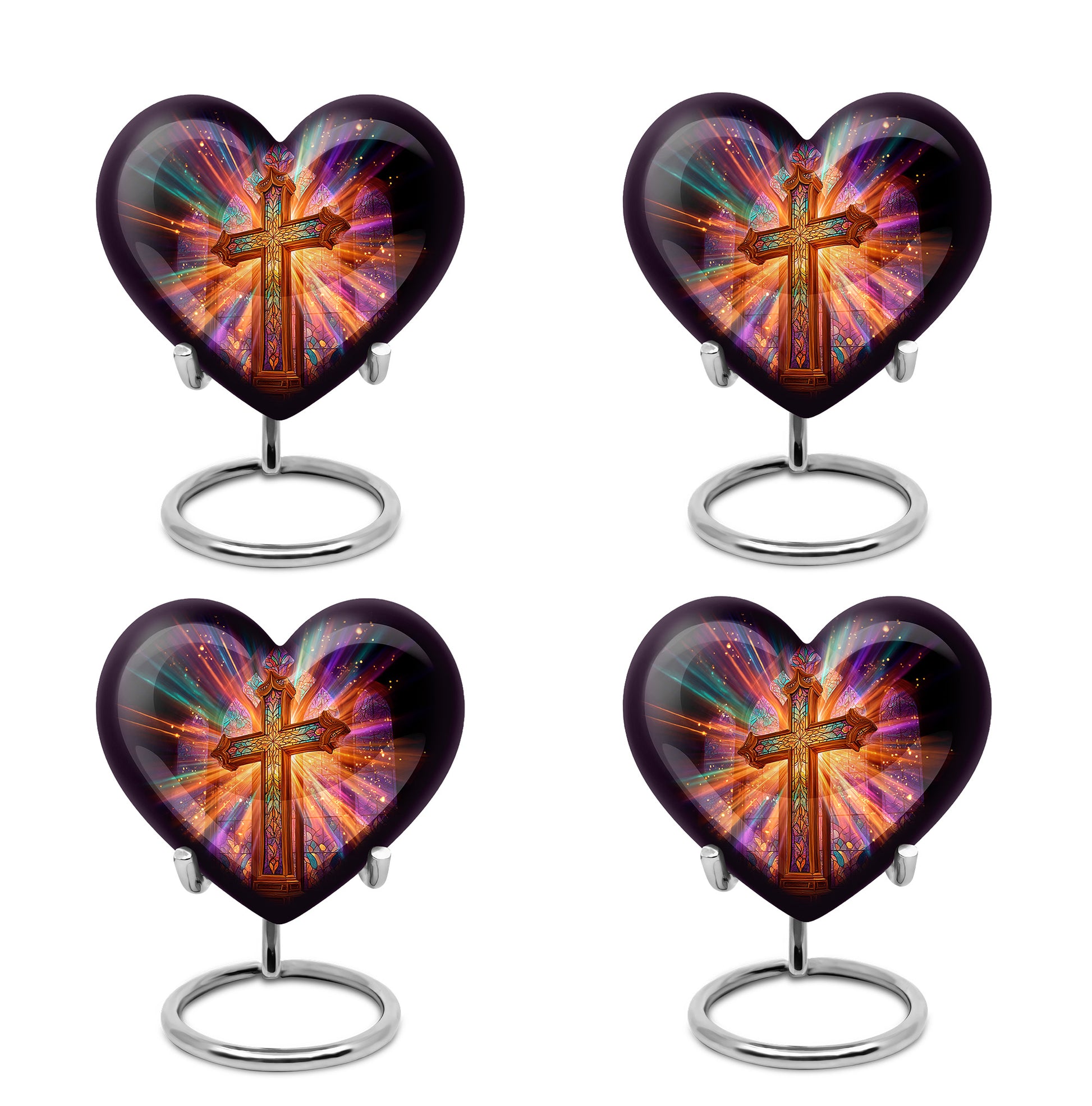 Dark Black Cross Cremation Urn angled view of lid and engraved motif - romantic heart urn with cross motif on aluminum - 10 inch aluminum urn for cremated remains