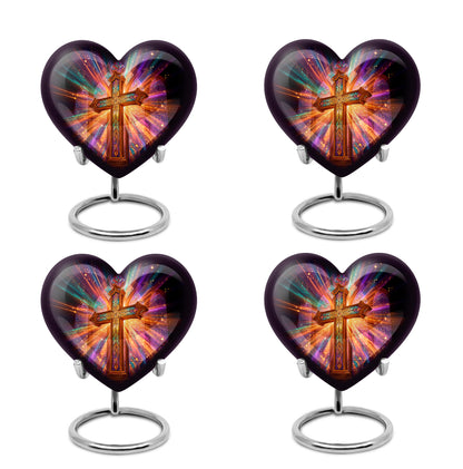 Dark Black Cross Cremation Urn angled view of lid and engraved motif - romantic heart urn with cross motif on aluminum - 10 inch aluminum urn for cremated remains