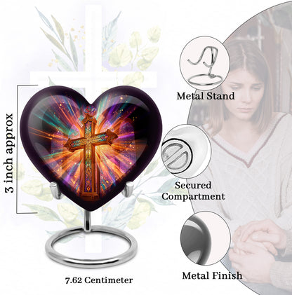 Dark Black Cross Cremation Urn front view showing detailed design - compassionate heart-cross combination with gentle curves - mini keepsake memorial for portion of cremation ashes