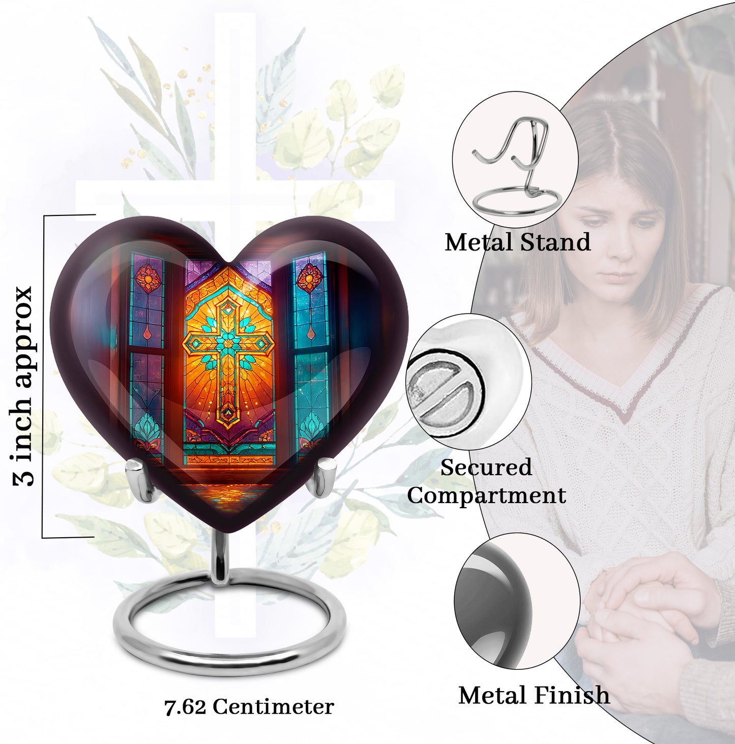 Dark Black Cross Cremation Urn front view showing detailed design - romantic heart urn with cross motif on aluminum - mini keepsake memorial for portion of cremation ashes
