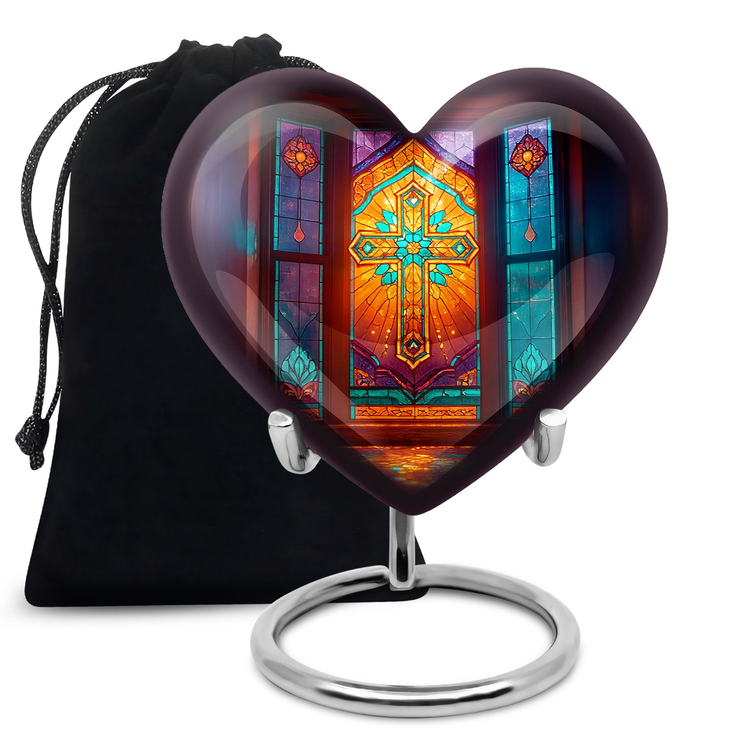 Rich Black Cross Cremation Urn detail view - heart-shaped cross design symbolizing eternal love - full-size 10 inch 200 cubic inch adult cremation urn