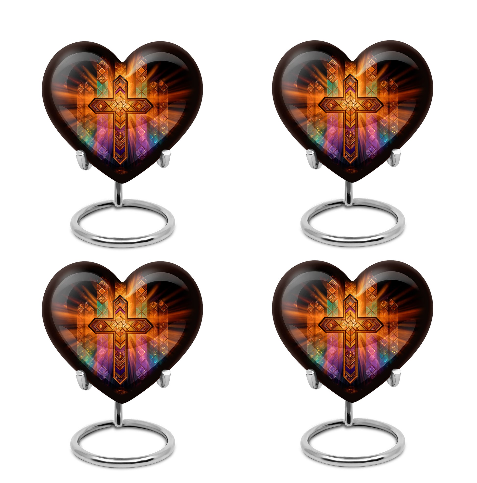 Midnight Black Cross Cremation Urn angled view of lid and engraved motif - romantic heart urn with cross motif on aluminum - 10 inch aluminum urn for cremated remains