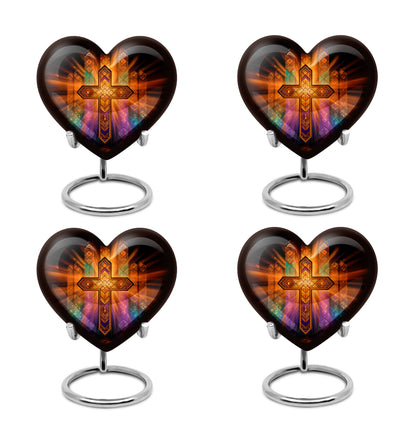 Midnight Black Cross Cremation Urn angled view of lid and engraved motif - romantic heart urn with cross motif on aluminum - 10 inch aluminum urn for cremated remains