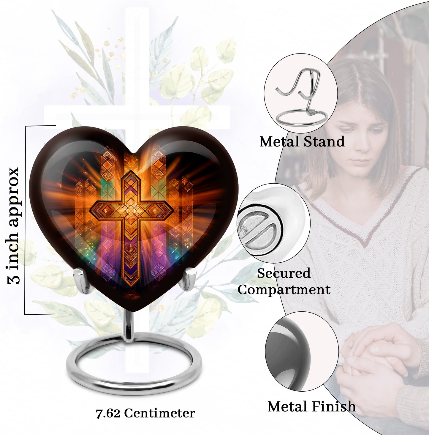 Charcoal Black Cross Cremation Urn front view showing detailed design - romantic heart urn with cross motif on aluminum - mini keepsake memorial for portion of cremation ashes