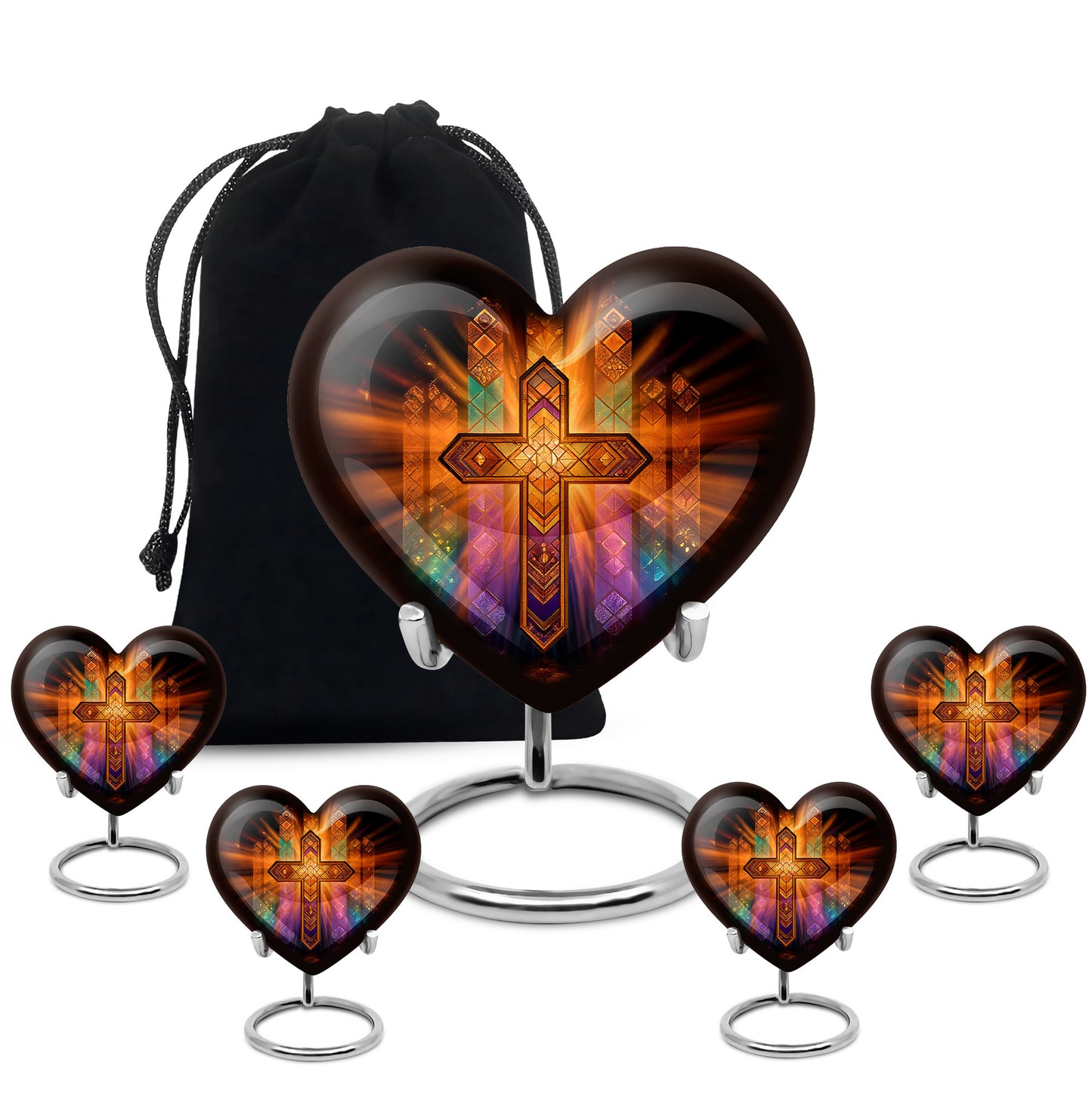 Ebony Cross Cremation Urn close-up of engraving and surface detail - heart-shaped cross design symbolizing eternal love - memorial set with one large and four small urns