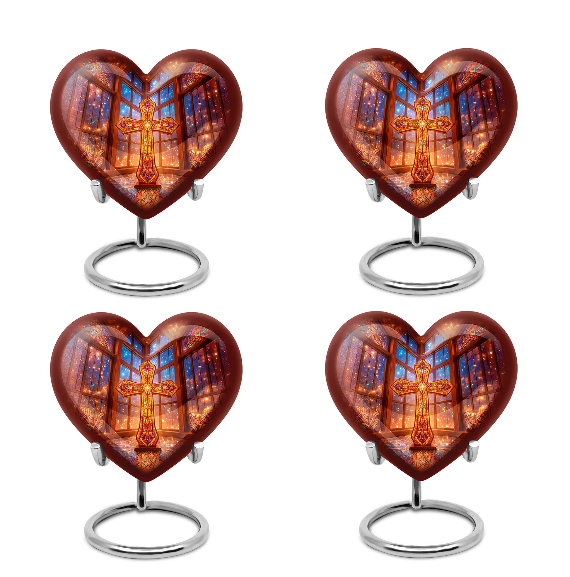 Scarlet Red Cross Cremation Urn angled view of lid and engraved motif - compassionate heart-cross combination with gentle curves - 10 inch aluminum urn for cremated remains