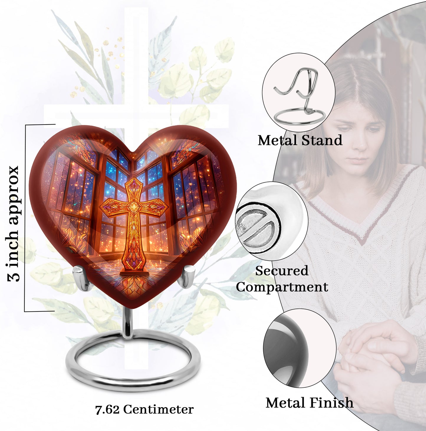 Deep Red Cross Cremation Urn front view showing detailed design - heart-shaped cross design symbolizing eternal love - mini keepsake memorial for portion of cremation ashes