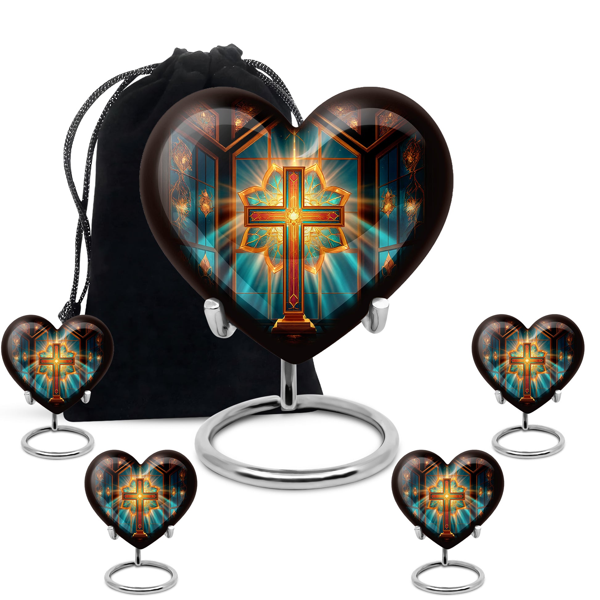 Deep Red Cross Cremation Urn close-up of engraving and surface detail - heart-shaped cross design symbolizing eternal love - memorial set with one large and four small urns