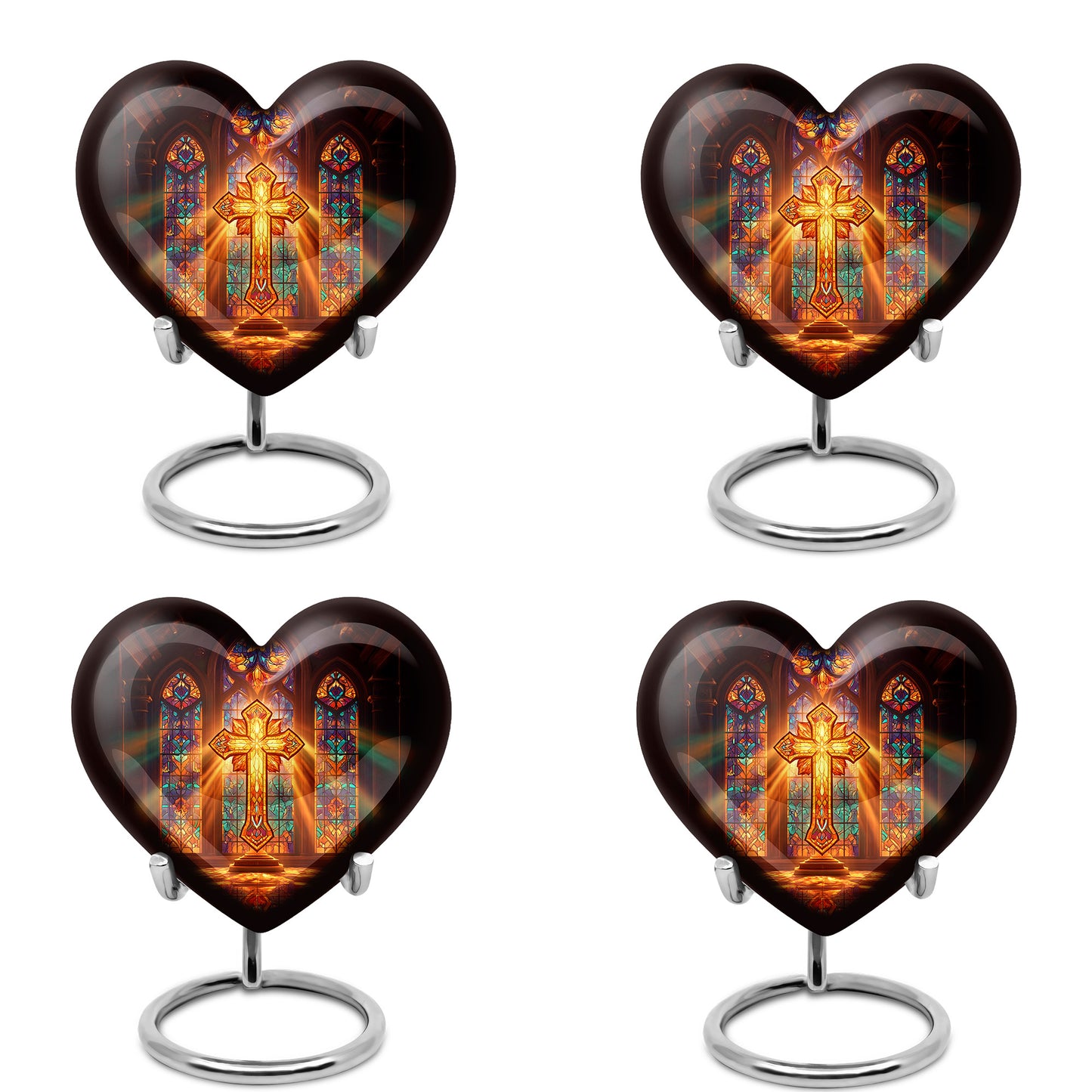Garnet Red Cross Cremation Urn angled view of lid and engraved motif - heart-shaped cross design symbolizing eternal love - 10 inch aluminum urn for cremated remains