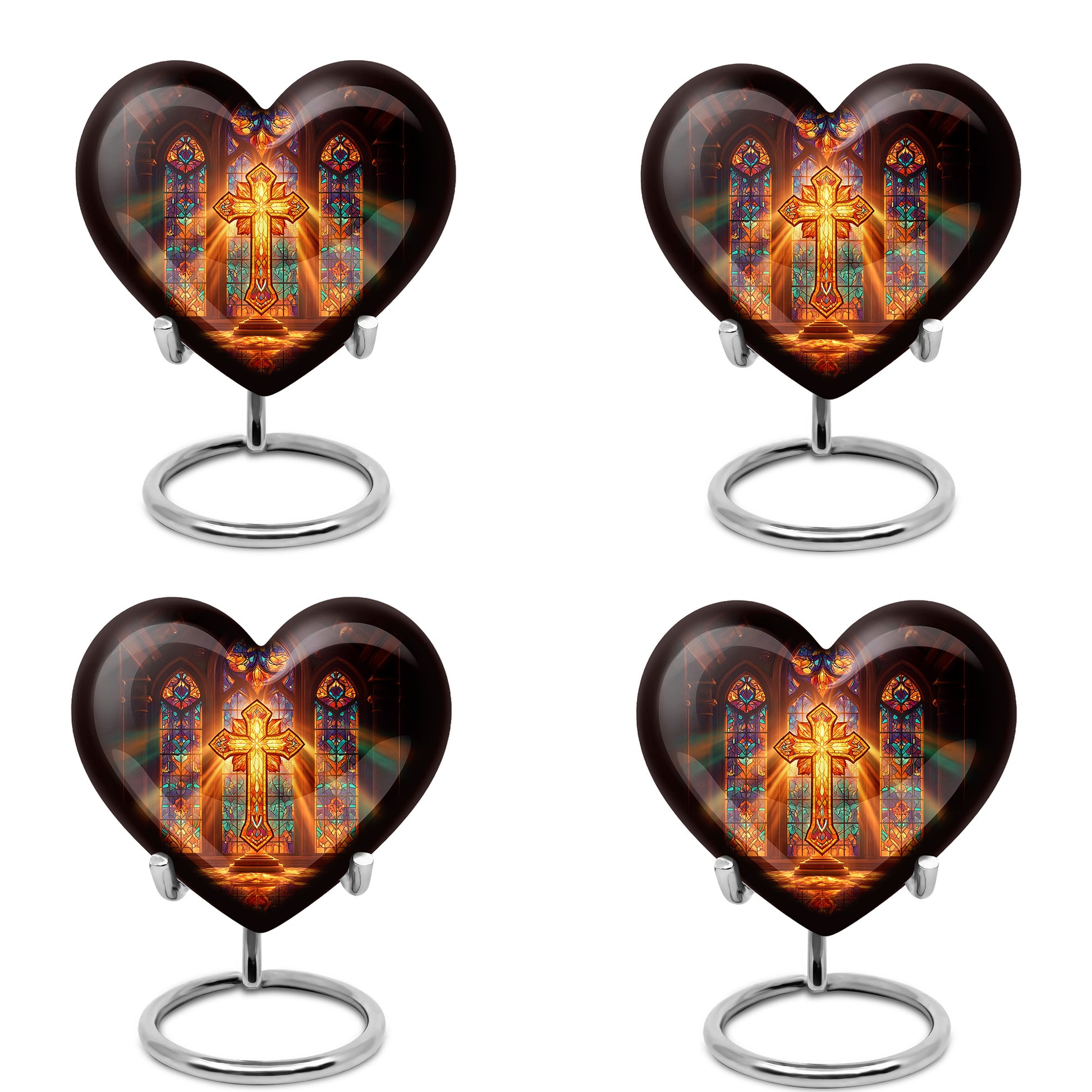 Garnet Red Cross Cremation Urn angled view of lid and engraved motif - heart-shaped cross design symbolizing eternal love - 10 inch aluminum urn for cremated remains