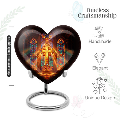 Crimson Red Cross Cremation Urn front view showing detailed design - loving heart memorial featuring cross pattern - mini keepsake memorial for portion of cremation ashes