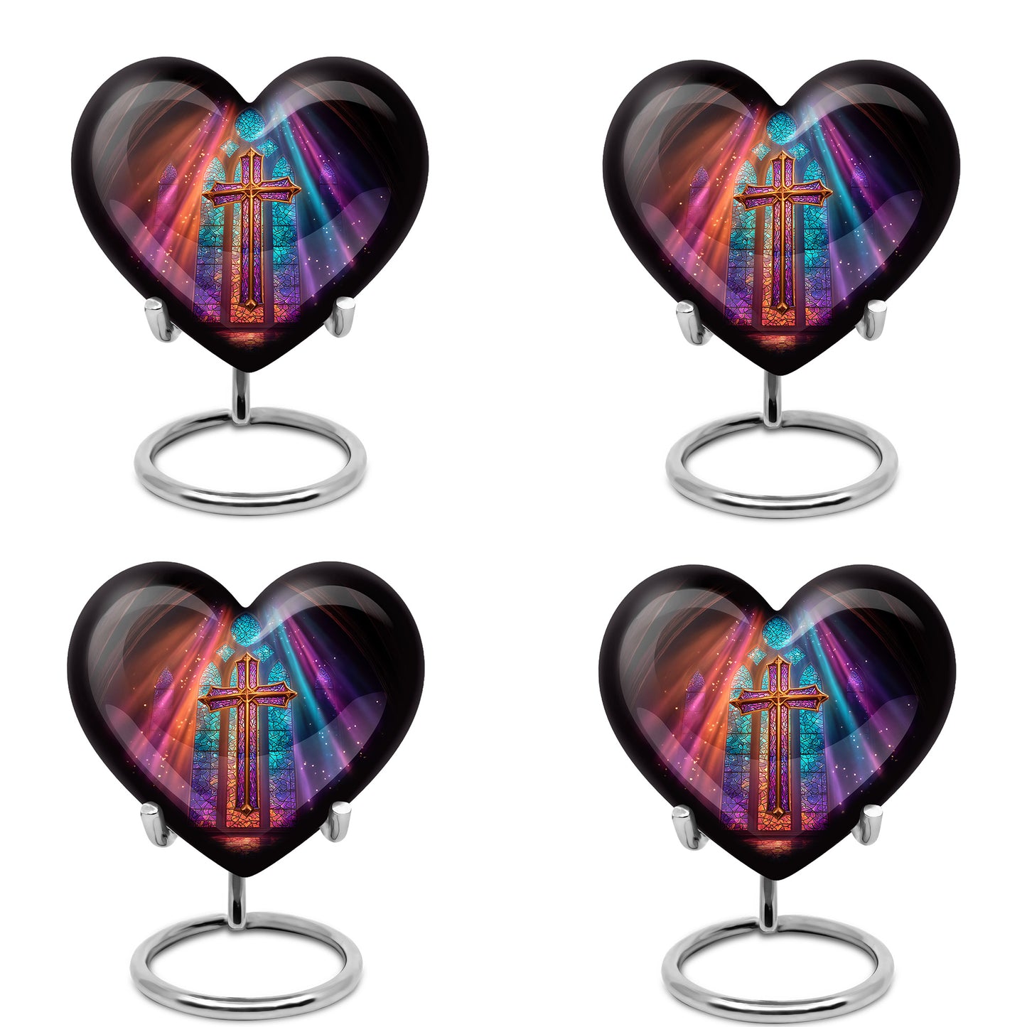 Onyx Black Cross Cremation Urn angled view of lid and engraved motif - romantic heart urn with cross motif on aluminum - 10 inch aluminum urn for cremated remains