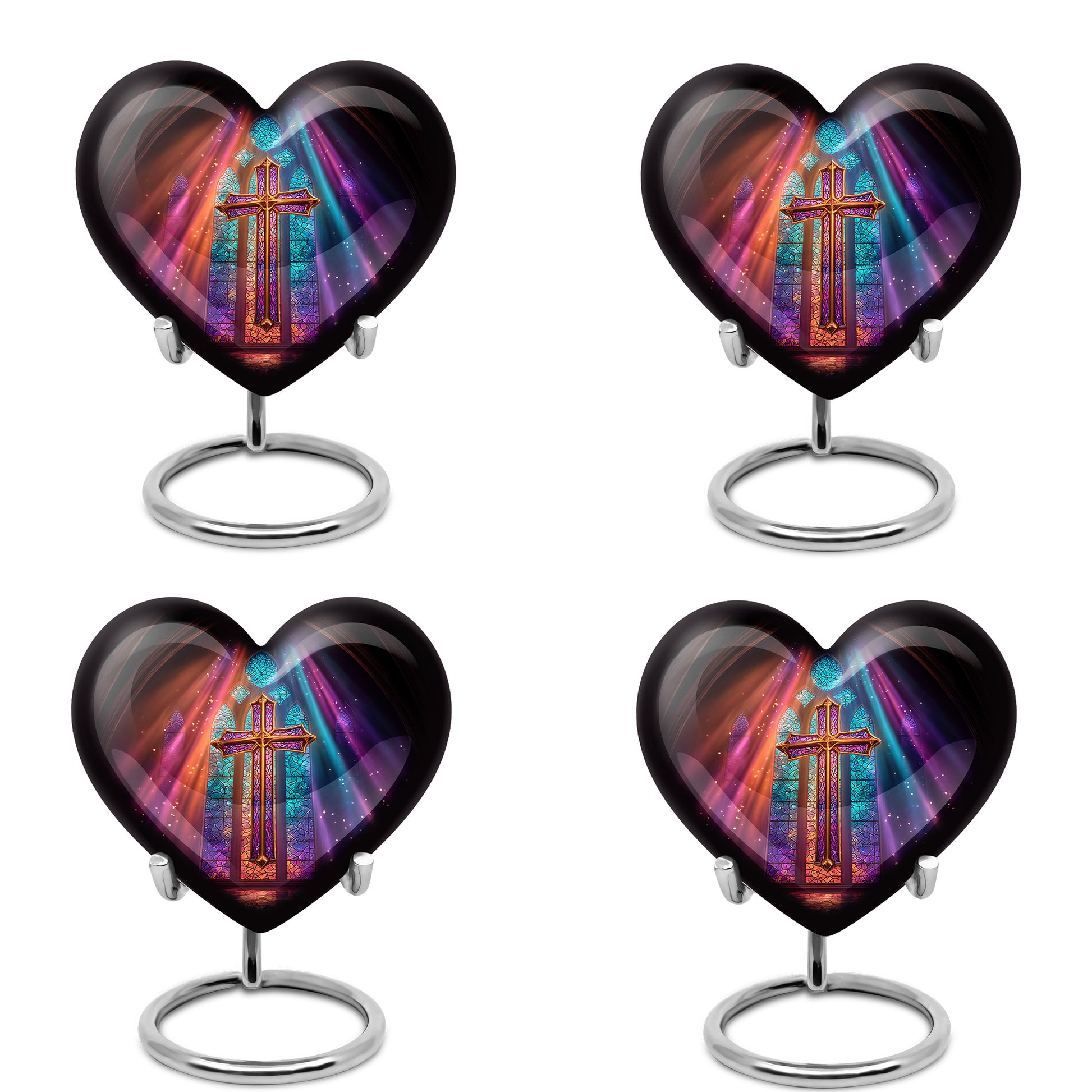 Onyx Black Cross Cremation Urn angled view of lid and engraved motif - romantic heart urn with cross motif on aluminum - 10 inch aluminum urn for cremated remains