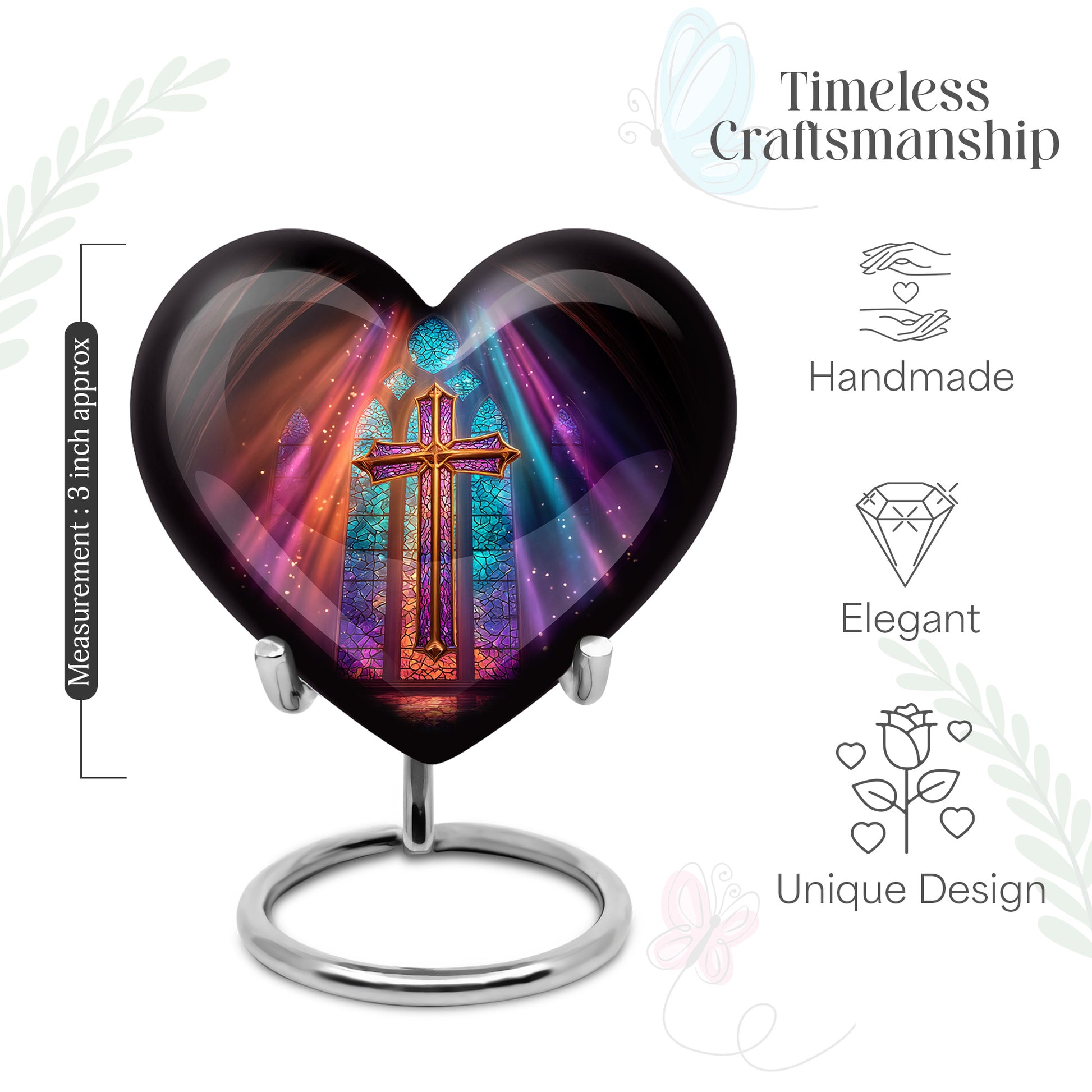 Obsidian Black Cross Cremation Urn front view showing detailed design - romantic heart urn with cross motif on aluminum - mini keepsake memorial for portion of cremation ashes