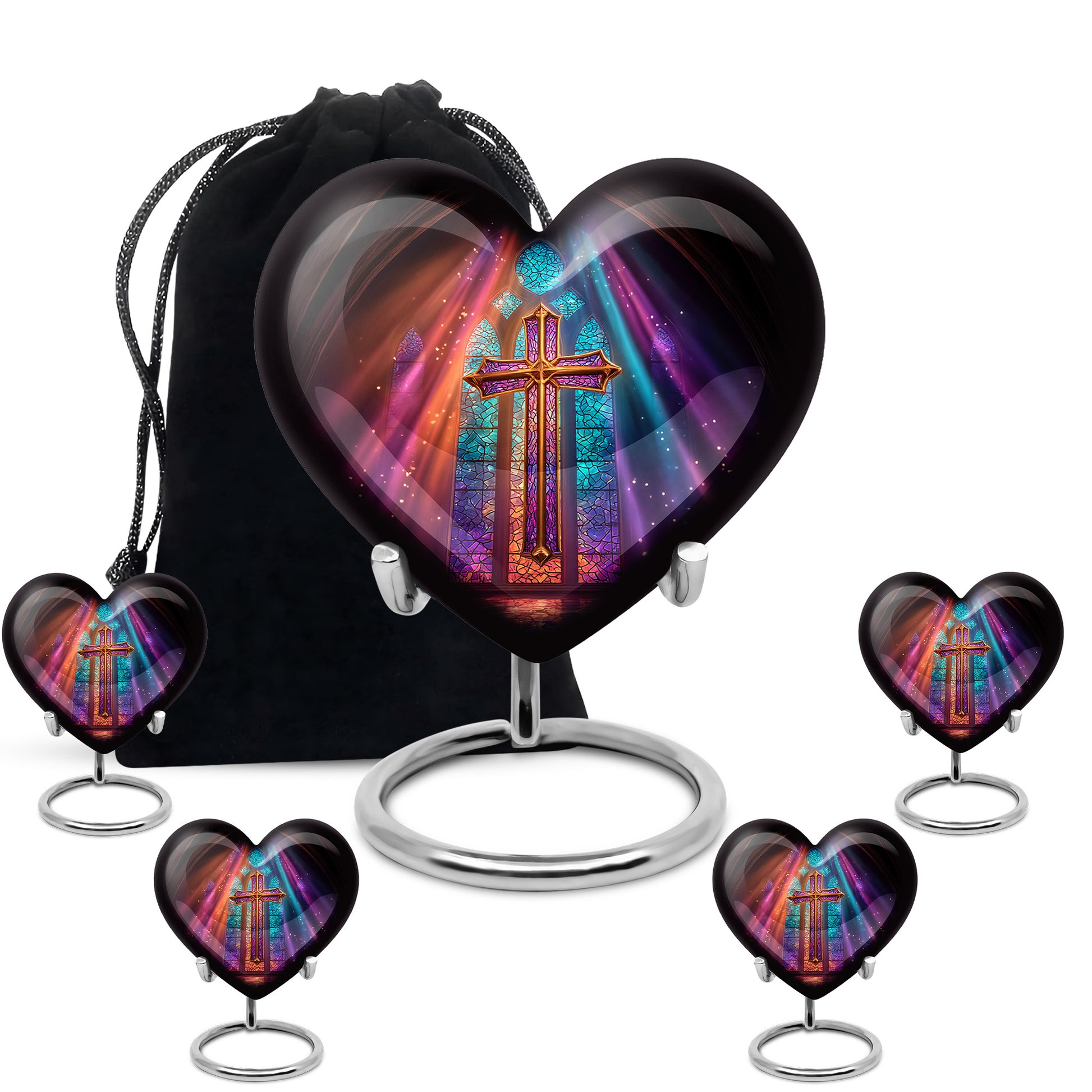 Rich Black Cross Cremation Urn close-up of engraving and surface detail - heart-shaped cross design symbolizing eternal love - memorial set with one large and four small urns