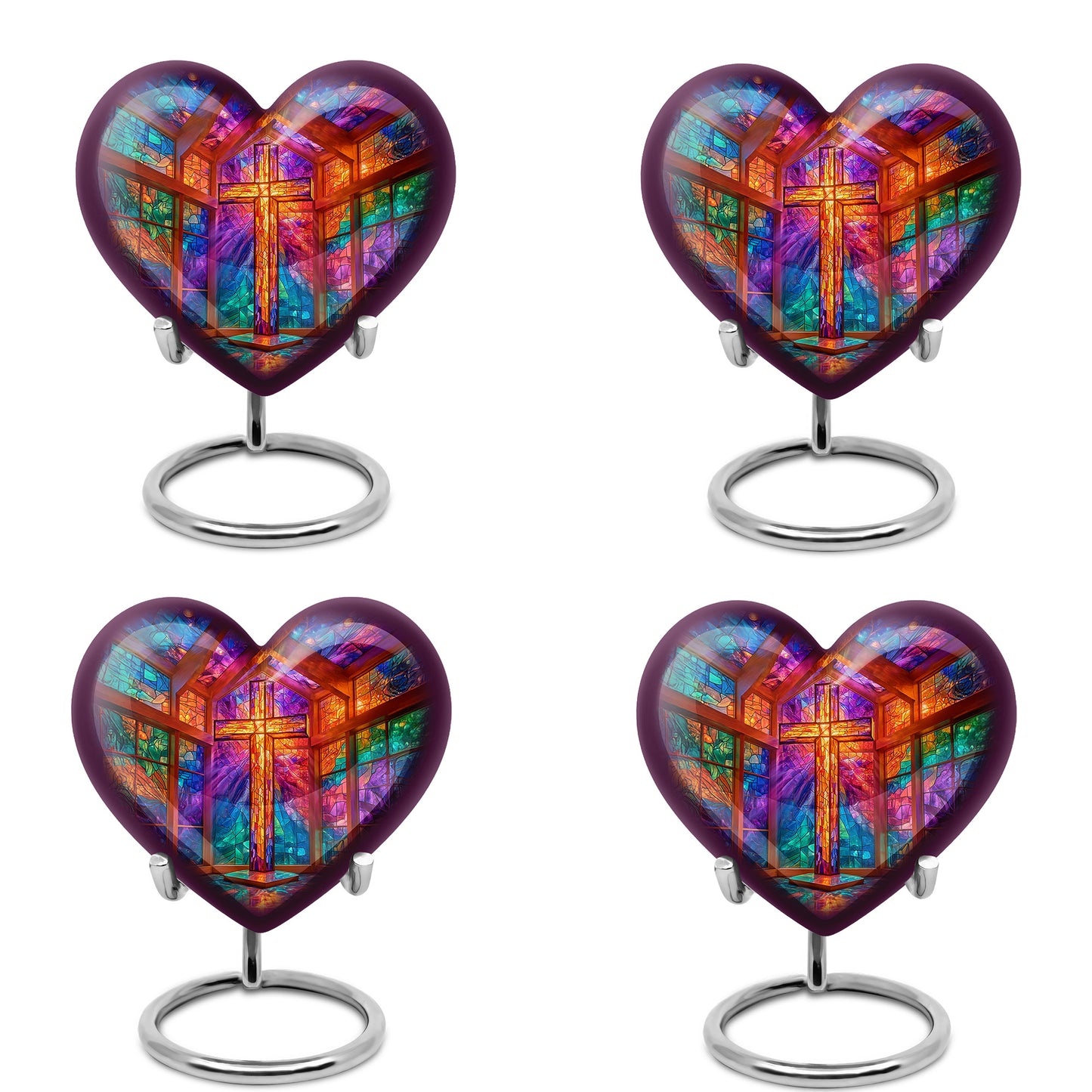 Lavender Purple Cross Cremation Urn angled view of lid and engraved motif - compassionate heart-cross combination with gentle curves - 10 inch aluminum urn for cremated remains