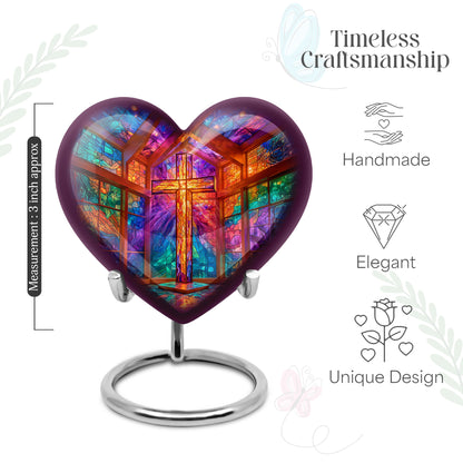 Plum Purple Cross Cremation Urn front view showing detailed design - loving heart memorial featuring cross pattern - mini keepsake memorial for portion of cremation ashes