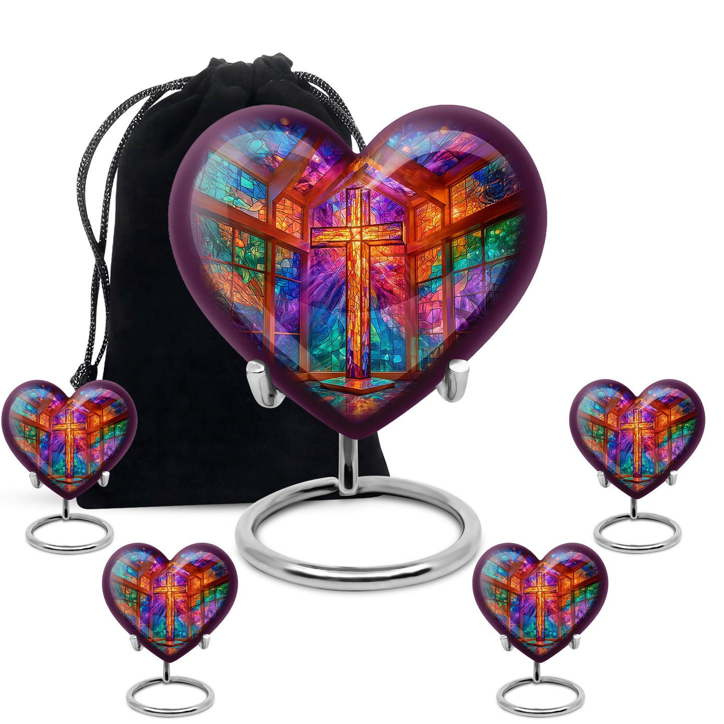 Deep Purple Cross Cremation Urn close-up of engraving and surface detail - heart-shaped cross design symbolizing eternal love - memorial set with one large and four small urns