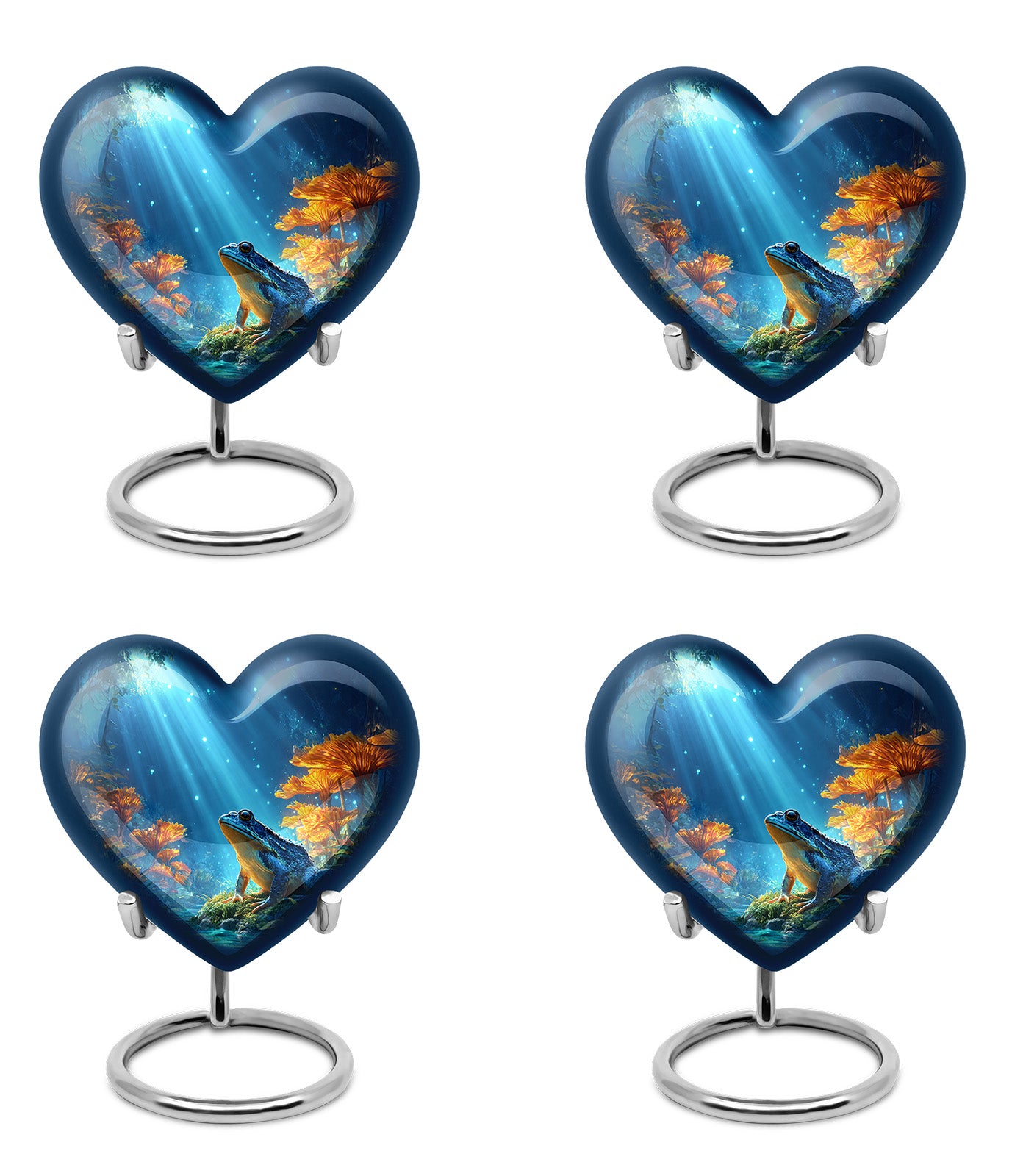 Celestial Blue Frog Cremation Urn angled view of lid and engraved motif - heart-shaped frog design symbolizing eternal love - 10 inch aluminum urn for cremated remains