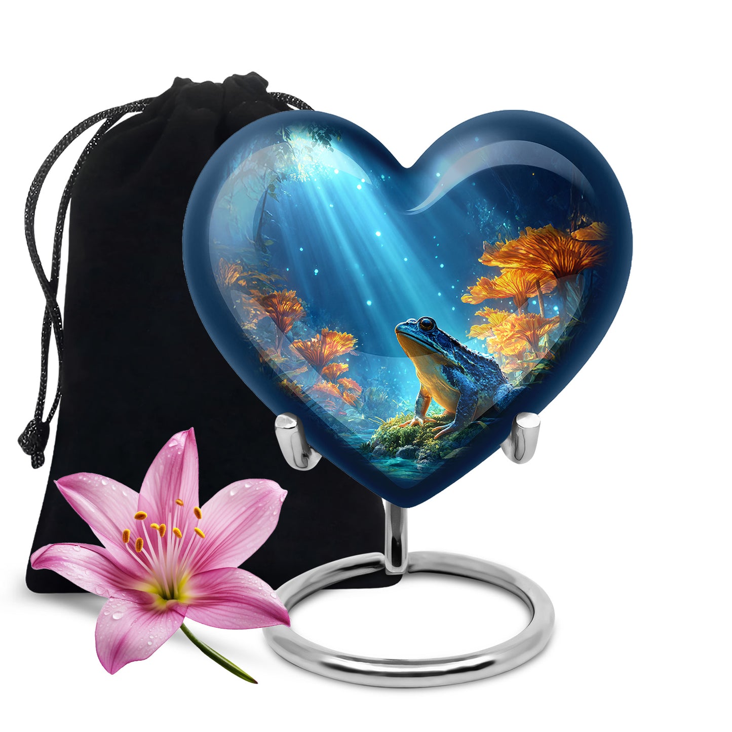 Soft Blue Frog Cremation Urn detail view - romantic heart urn with frog motif on aluminum - full-size 10 inch 200 cubic inch adult cremation urn