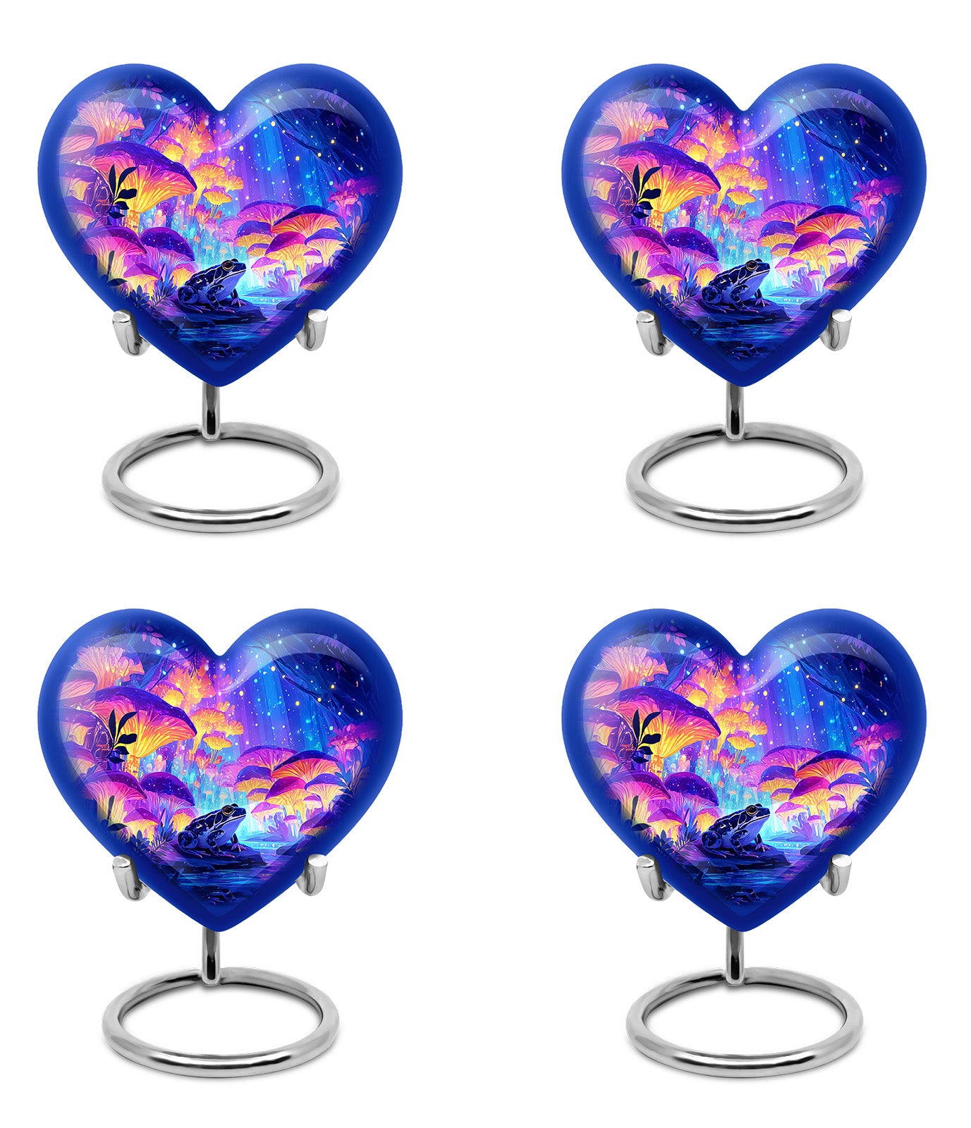 Soft Blue Frog Cremation Urn angled view of lid and engraved motif - compassionate heart-frog combination with gentle curves - 10 inch aluminum urn for cremated remains