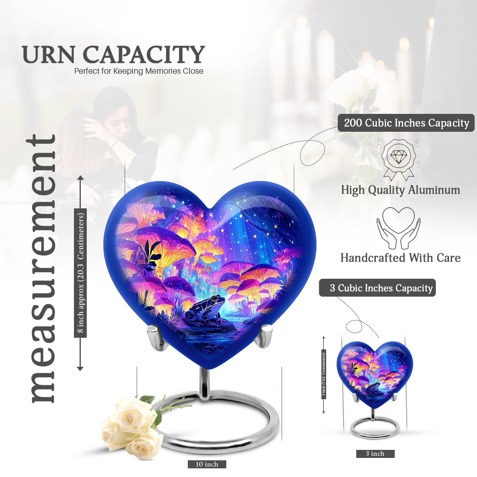 Vivid Blue Frog Cremation Urn front view showing detailed design - romantic heart urn with frog motif on aluminum - mini keepsake memorial for portion of cremation ashes