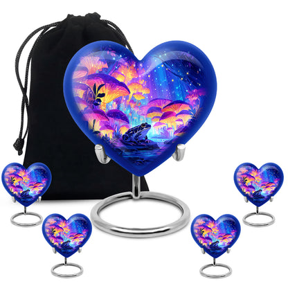 Celestial Blue Frog Cremation Urn close-up of engraving and surface detail - heart-shaped frog design symbolizing eternal love - memorial set with one large and four small urns