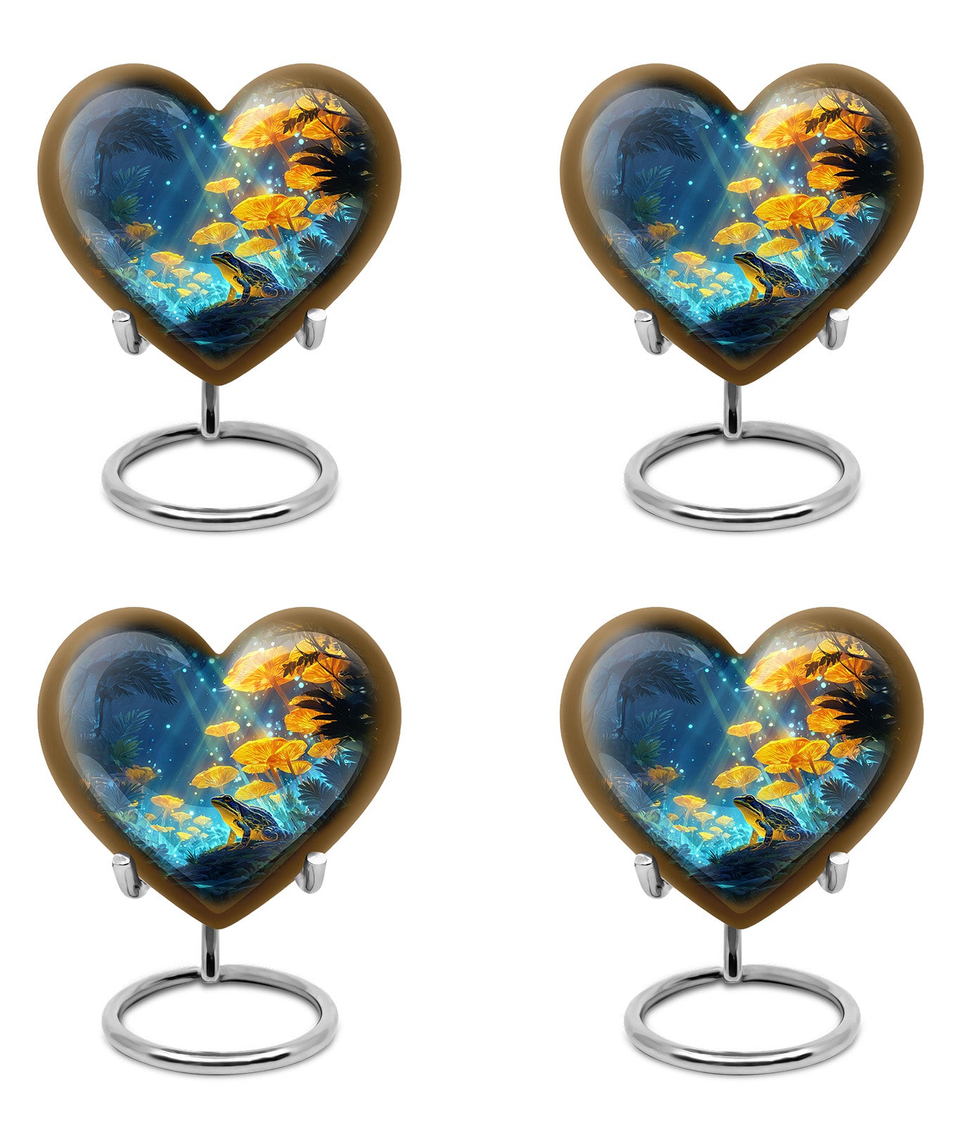 Slate Blue Frog Cremation Urn angled view of lid and engraved motif - loving heart memorial featuring frog pattern - 10 inch aluminum urn for cremated remains