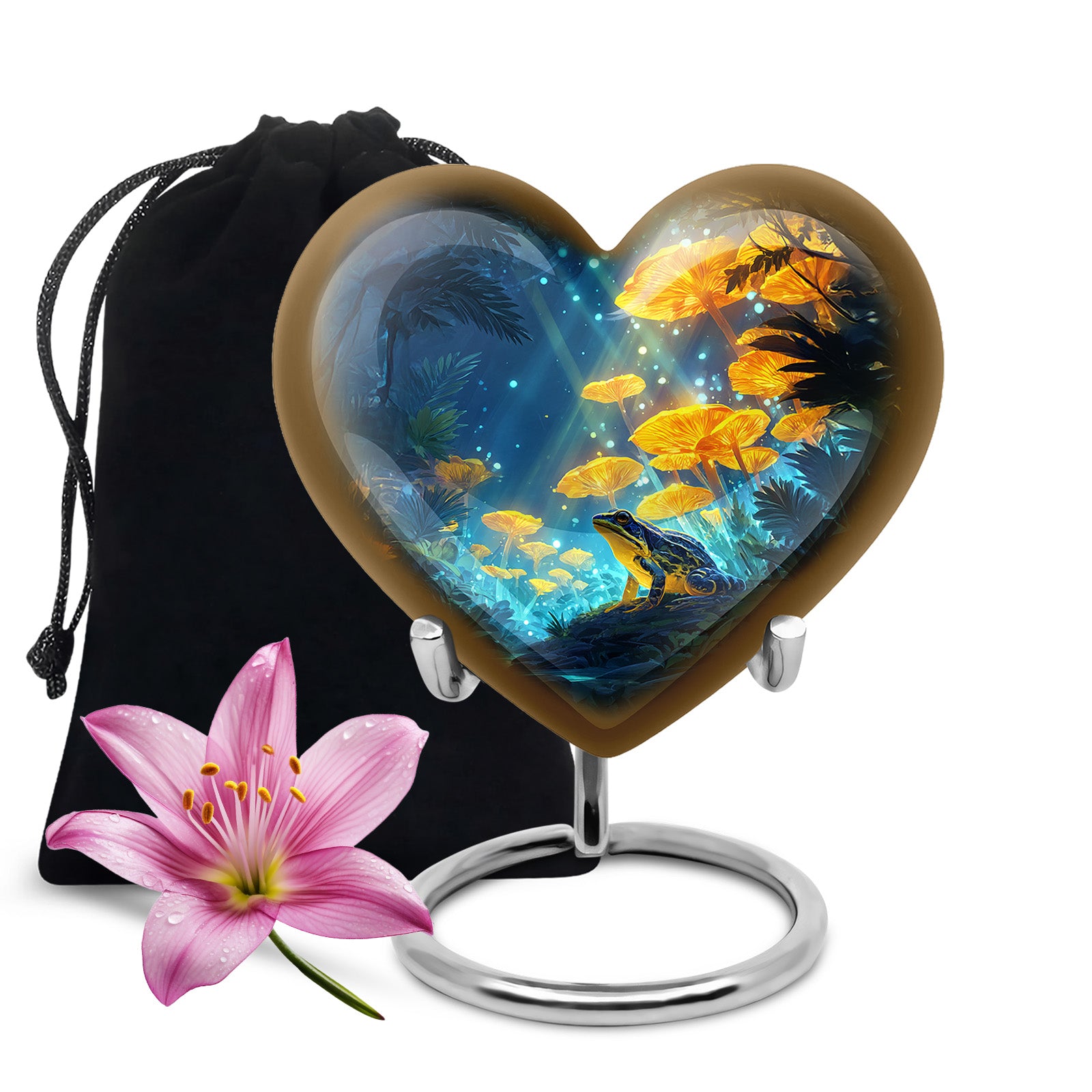 Celestial Blue Frog Cremation Urn detail view - loving heart memorial featuring frog pattern - full-size 10 inch 200 cubic inch adult cremation urn