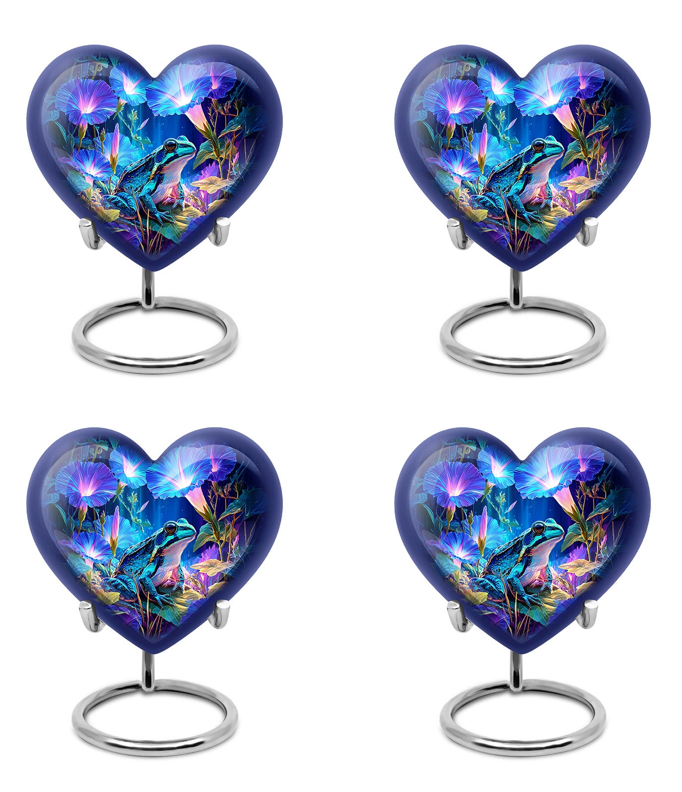 Vivid Blue Frog Cremation Urn angled view of lid and engraved motif - compassionate heart-frog combination with gentle curves - 10 inch aluminum urn for cremated remains