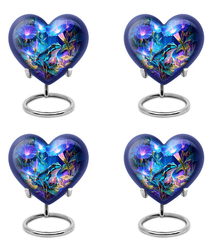 Vivid Blue Frog Cremation Urn angled view of lid and engraved motif - compassionate heart-frog combination with gentle curves - 10 inch aluminum urn for cremated remains