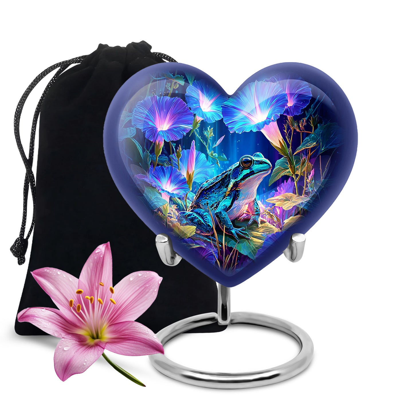 Cornflower Blue Frog Cremation Urn detail view - romantic heart urn with frog motif on aluminum - full-size 10 inch 200 cubic inch adult cremation urn
