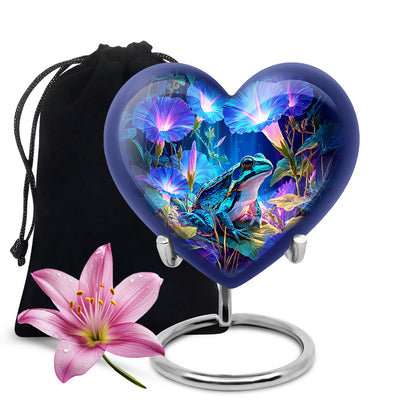 Cornflower Blue Frog Cremation Urn detail view - romantic heart urn with frog motif on aluminum - full-size 10 inch 200 cubic inch adult cremation urn