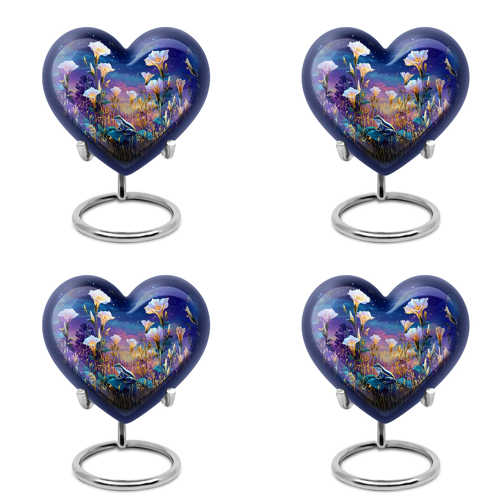 Powder Blue Frog Cremation Urn angled view of lid and engraved motif - heart-shaped frog design symbolizing eternal love - 10 inch aluminum urn for cremated remains