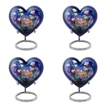 Powder Blue Frog Cremation Urn angled view of lid and engraved motif - heart-shaped frog design symbolizing eternal love - 10 inch aluminum urn for cremated remains