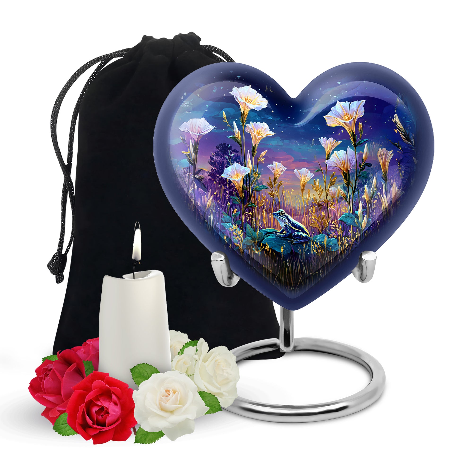 Cornflower Blue Frog Cremation Urn detail view - compassionate heart-frog combination with gentle curves - full-size 10 inch 200 cubic inch adult cremation urn
