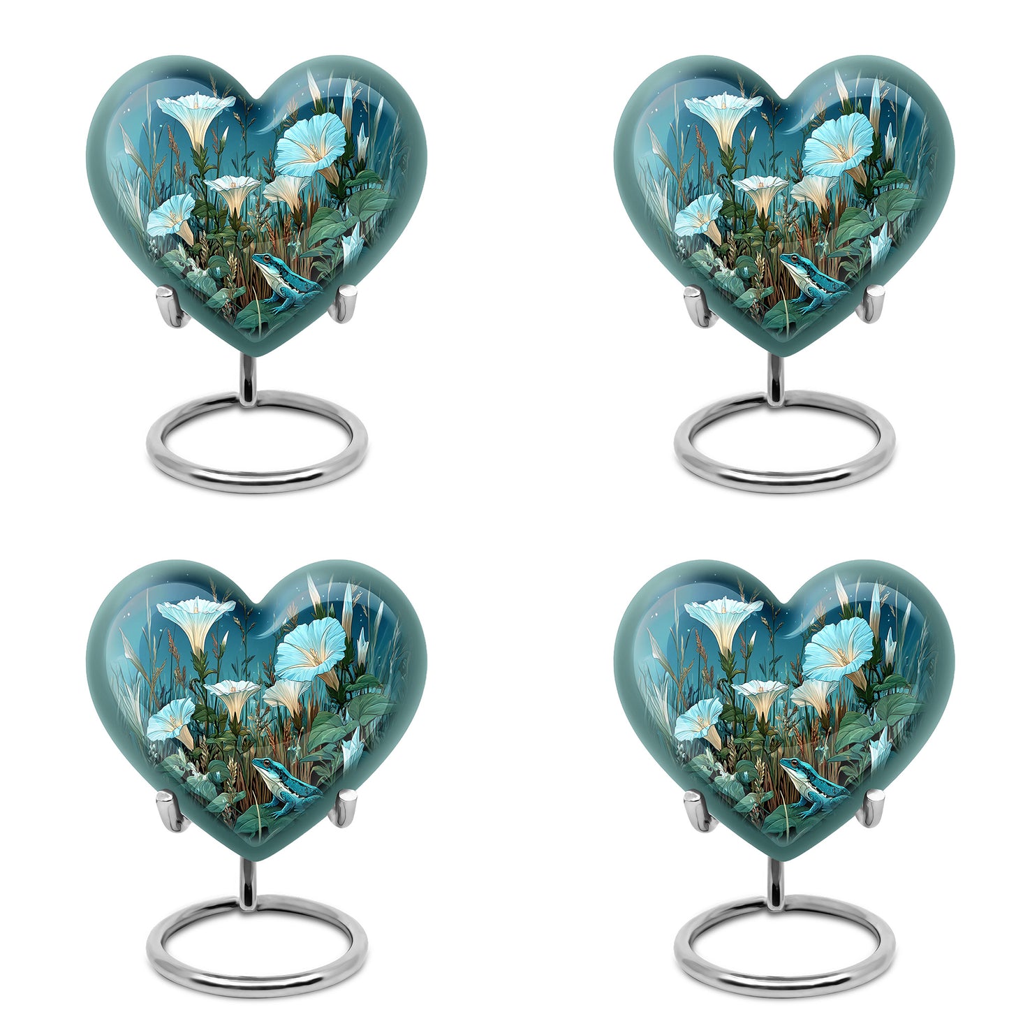 Steel Blue Frog Cremation Urn angled view of lid and engraved motif - compassionate heart-frog combination with gentle curves - 10 inch aluminum urn for cremated remains