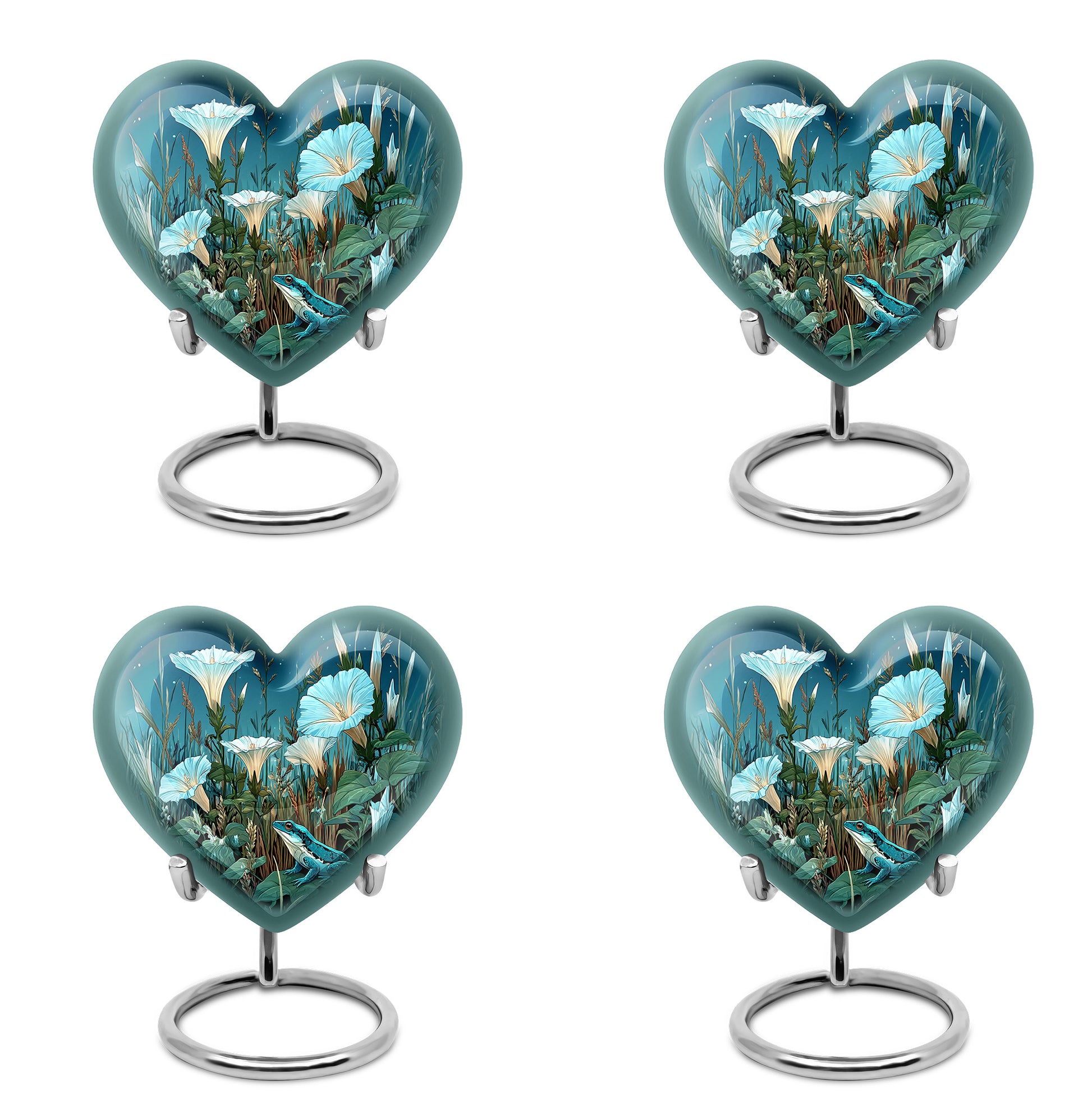Steel Blue Frog Cremation Urn angled view of lid and engraved motif - compassionate heart-frog combination with gentle curves - 10 inch aluminum urn for cremated remains