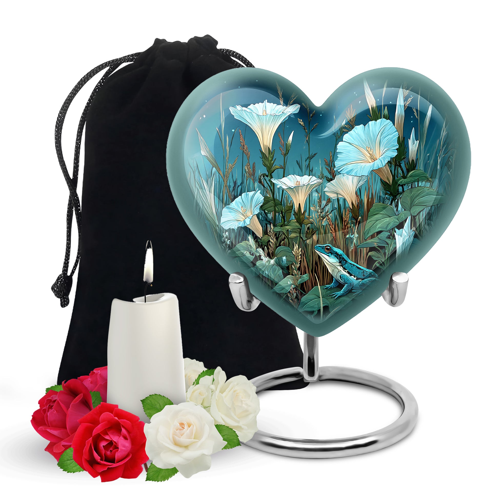 Calming Blue Frog Cremation Urn detail view - romantic heart urn with frog motif on aluminum - full-size 10 inch 200 cubic inch adult cremation urn