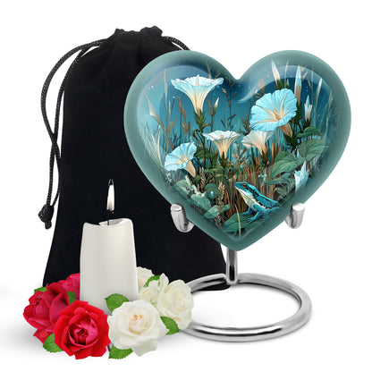 Calming Blue Frog Cremation Urn detail view - romantic heart urn with frog motif on aluminum - full-size 10 inch 200 cubic inch adult cremation urn