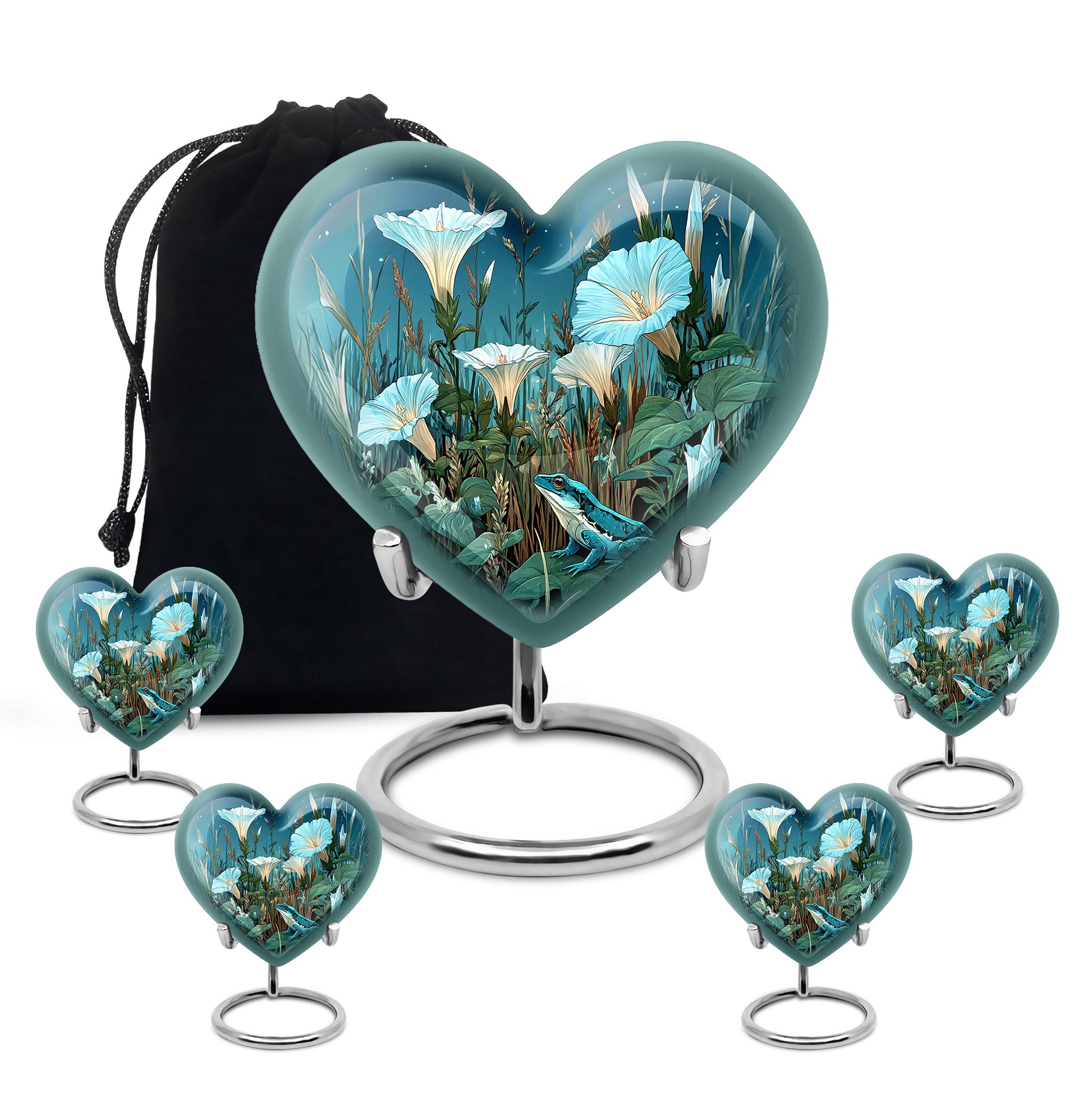 Vivid Blue Frog Cremation Urn close-up of engraving and surface detail - romantic heart urn with frog motif on aluminum - memorial set with one large and four small urns
