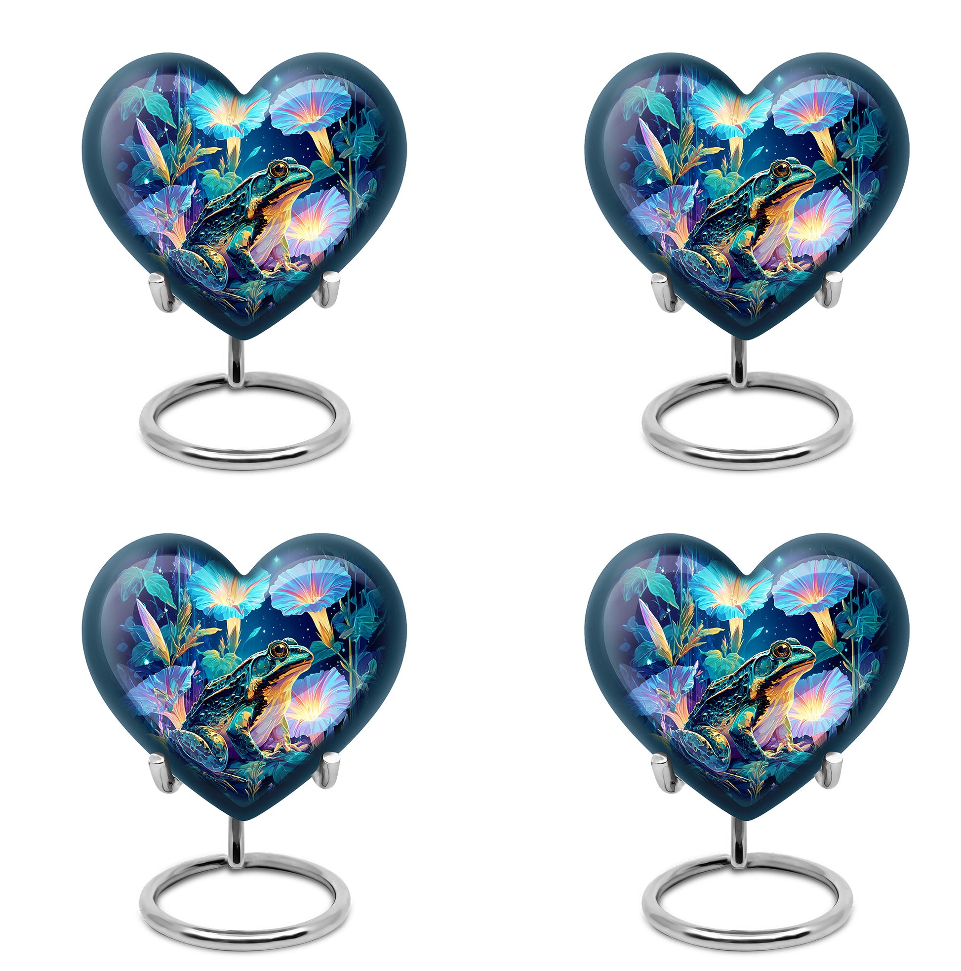 Powder Blue Frog Cremation Urn angled view of lid and engraved motif - heart-shaped frog design symbolizing eternal love - 10 inch aluminum urn for cremated remains