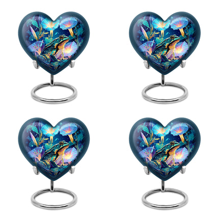 Powder Blue Frog Cremation Urn angled view of lid and engraved motif - heart-shaped frog design symbolizing eternal love - 10 inch aluminum urn for cremated remains