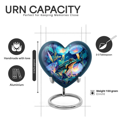 Dusty Blue Frog Cremation Urn front view showing detailed design - loving heart memorial featuring frog pattern - mini keepsake memorial for portion of cremation ashes