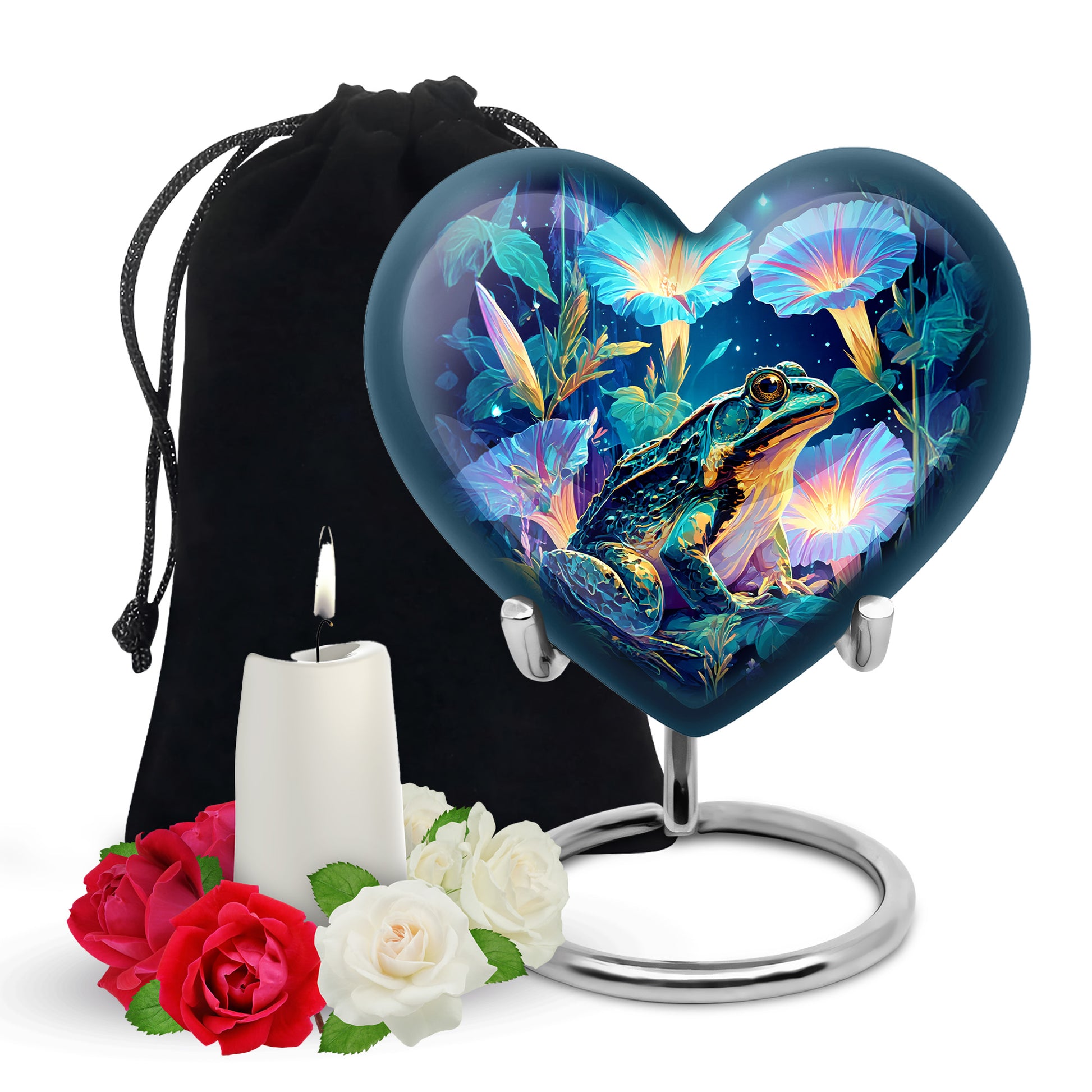Calming Blue Frog Cremation Urn detail view - compassionate heart-frog combination with gentle curves - full-size 10 inch 200 cubic inch adult cremation urn