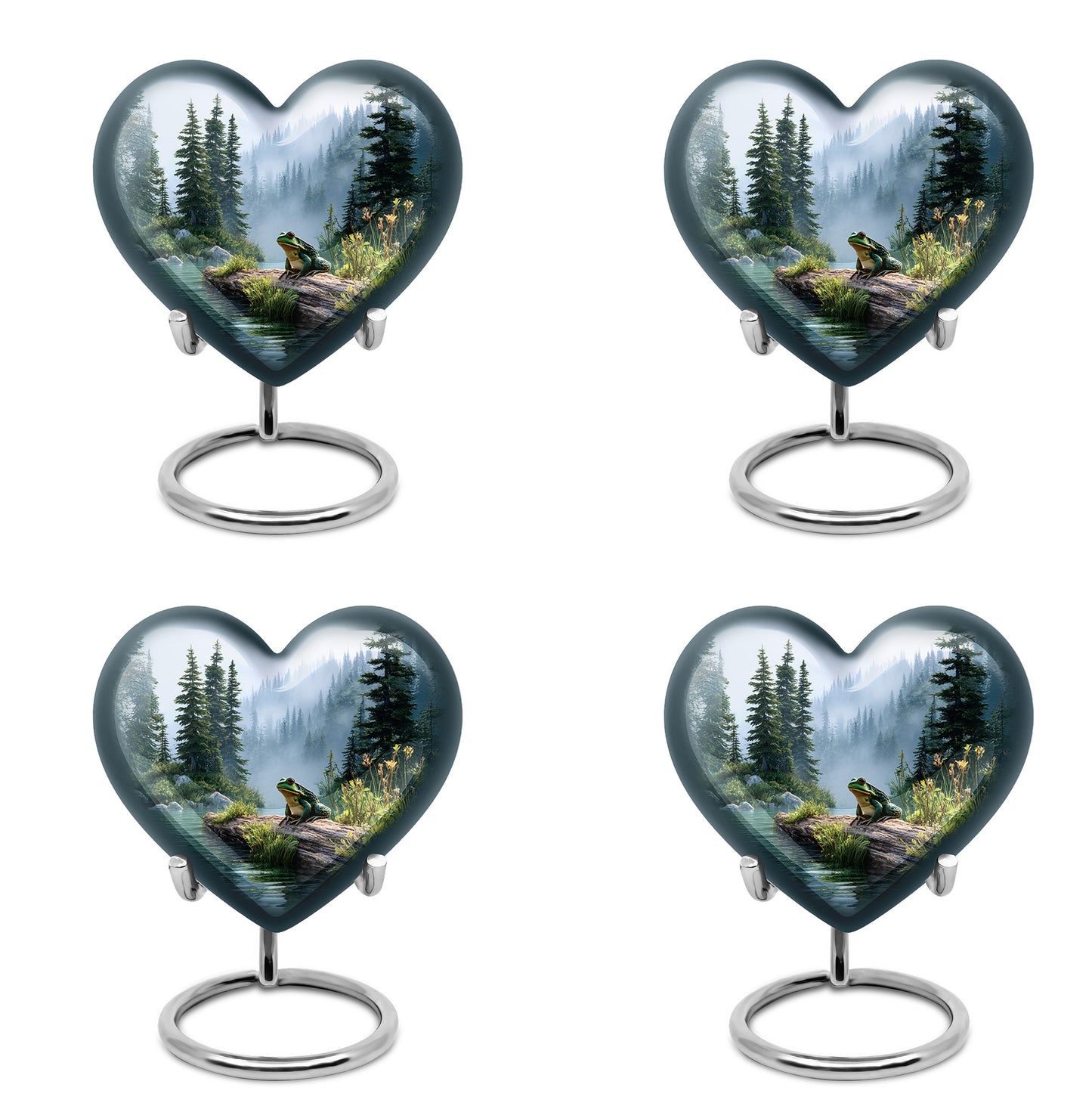Brushed Silver Frog Cremation Urn angled view of lid and engraved motif - heart-shaped frog design symbolizing eternal love - 10 inch aluminum urn for cremated remains