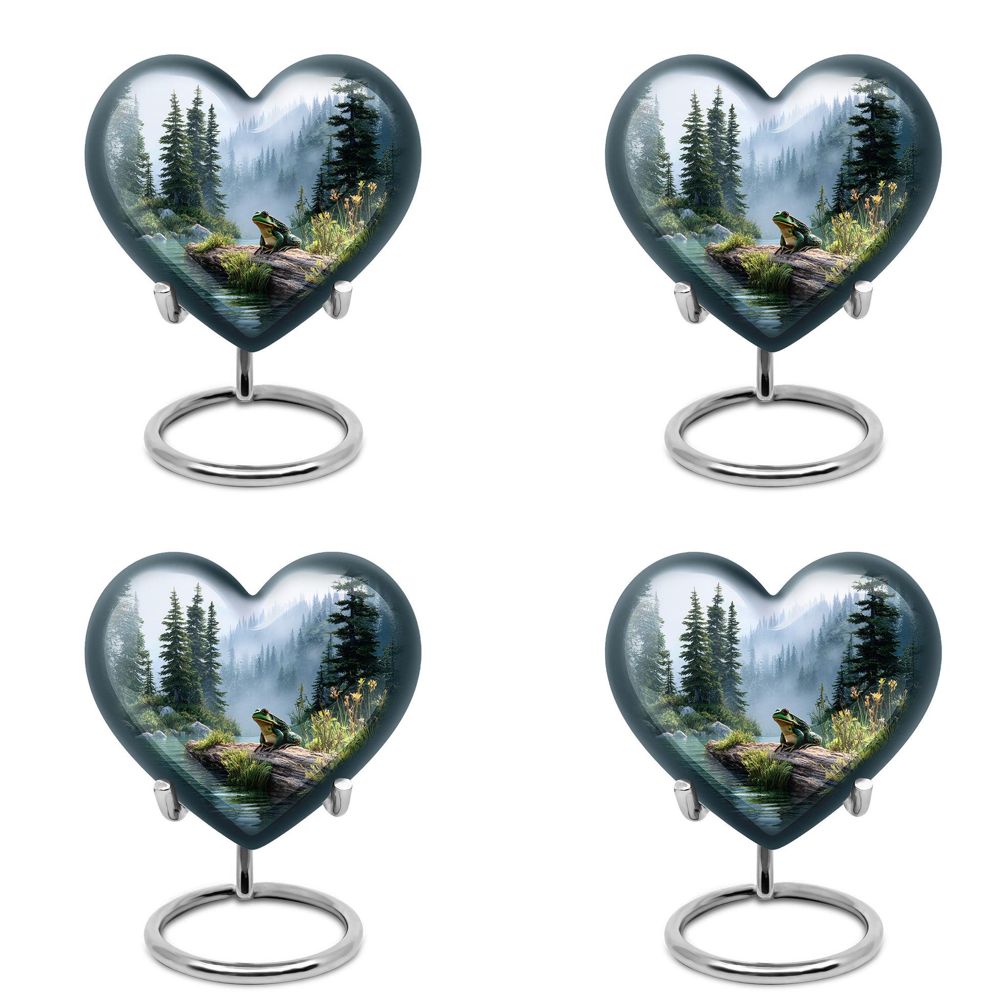 Brushed Silver Frog Cremation Urn angled view of lid and engraved motif - heart-shaped frog design symbolizing eternal love - 10 inch aluminum urn for cremated remains