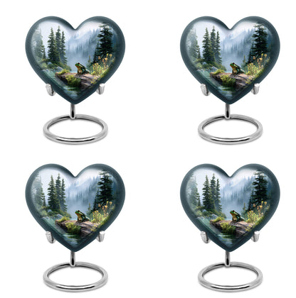 Brushed Silver Frog Cremation Urn angled view of lid and engraved motif - heart-shaped frog design symbolizing eternal love - 10 inch aluminum urn for cremated remains