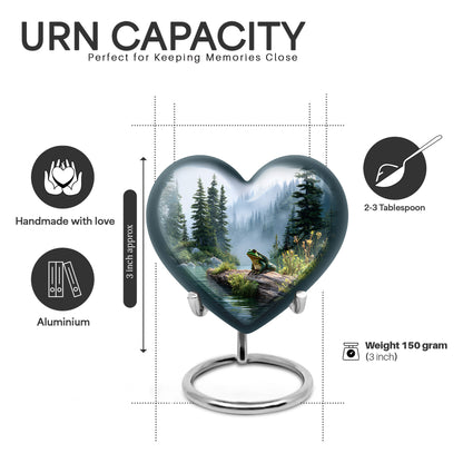 Chrome Silver Frog Cremation Urn front view showing detailed design - romantic heart urn with frog motif on aluminum - mini keepsake memorial for portion of cremation ashes